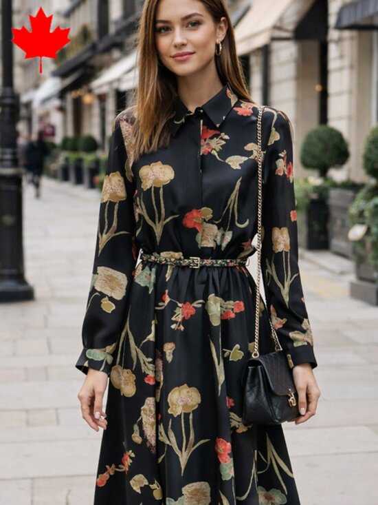 Vintage Dresses & Skirts - Beautiful vintage black and floral midi shirt dress by Randy Pantel